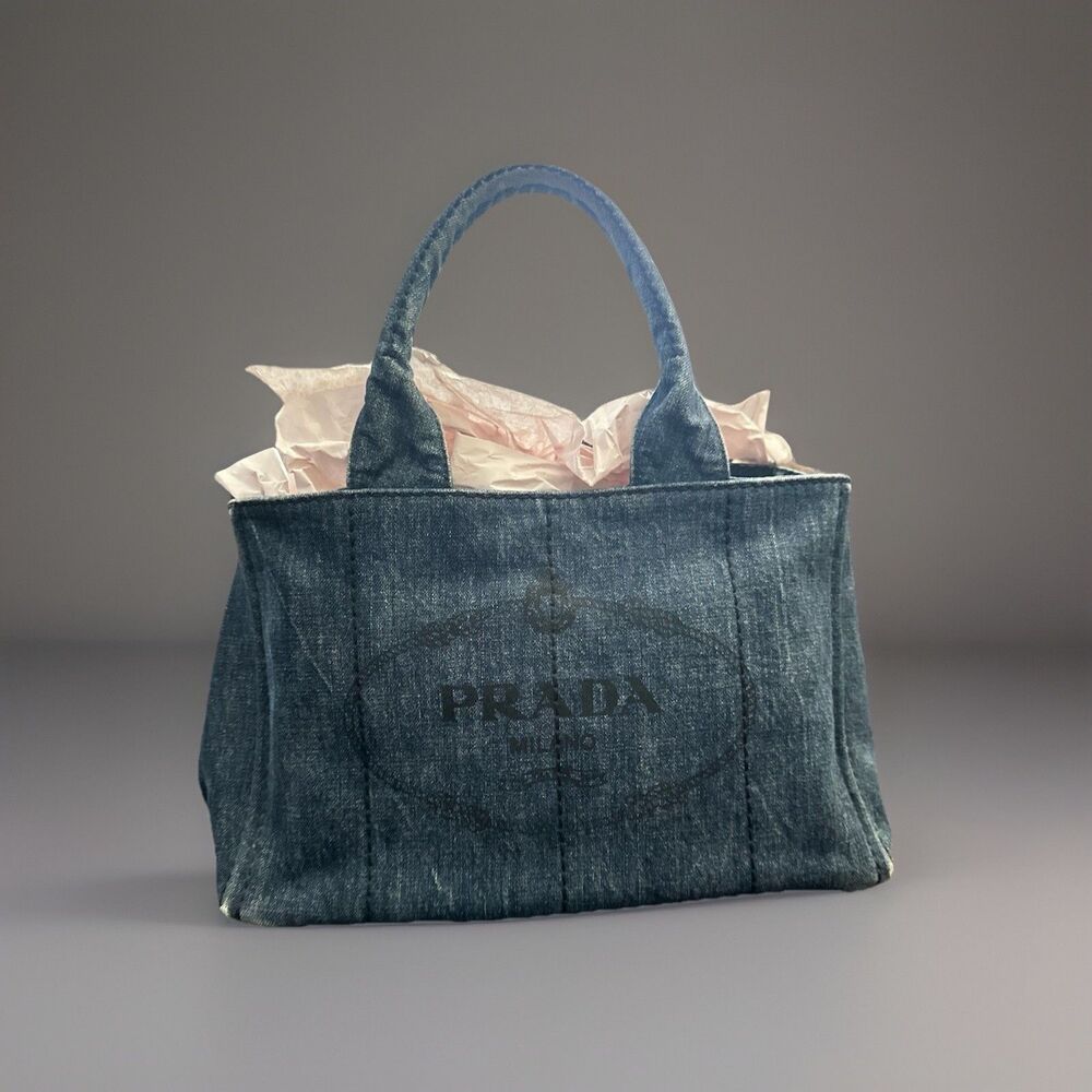 PRADA Canapa Tote Large Blue Denim 14 inch Width